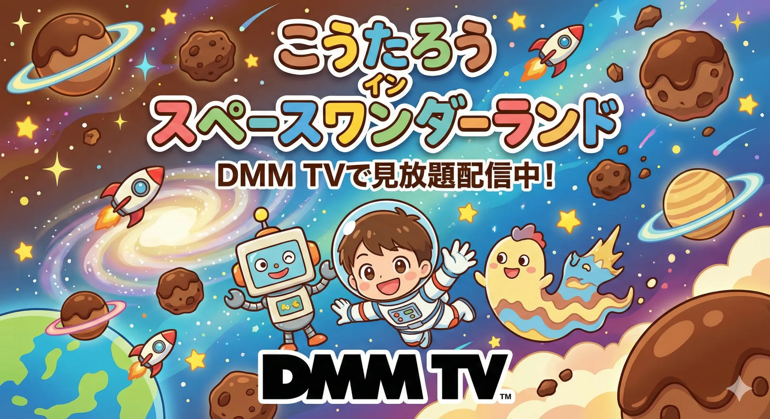 DMM TVでアニメ『こうたろう イン スペースワンダーランド』が見放題配信中。宇宙服の男の子とロボット、不思議な生き物が、チョコレート惑星やロケットが浮かぶ宇宙空間を楽しげに冒険しているイラストとDMM TVのロゴ。