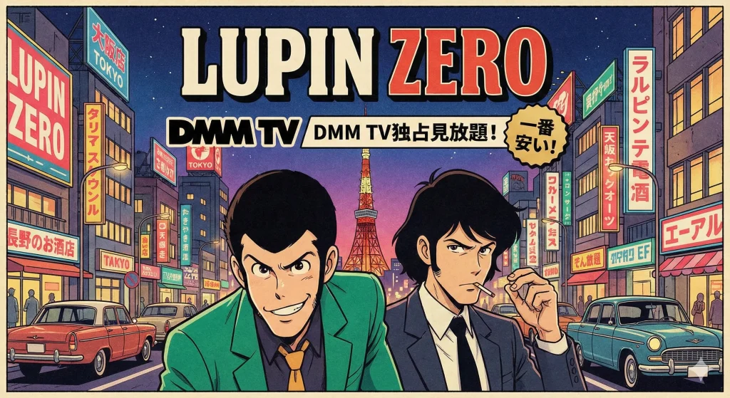 昭和レトロな街並みを背景に、若き日のルパン三世と次元大介が並ぶイラスト。中央に作品名「LUPIN ZERO」、その下に「DMM TV／DMM TV独占見放題！」の文字が強調されている。右側の吹き出しには「一番安い！」と記載され、配信状況と価格訴求が示されている。