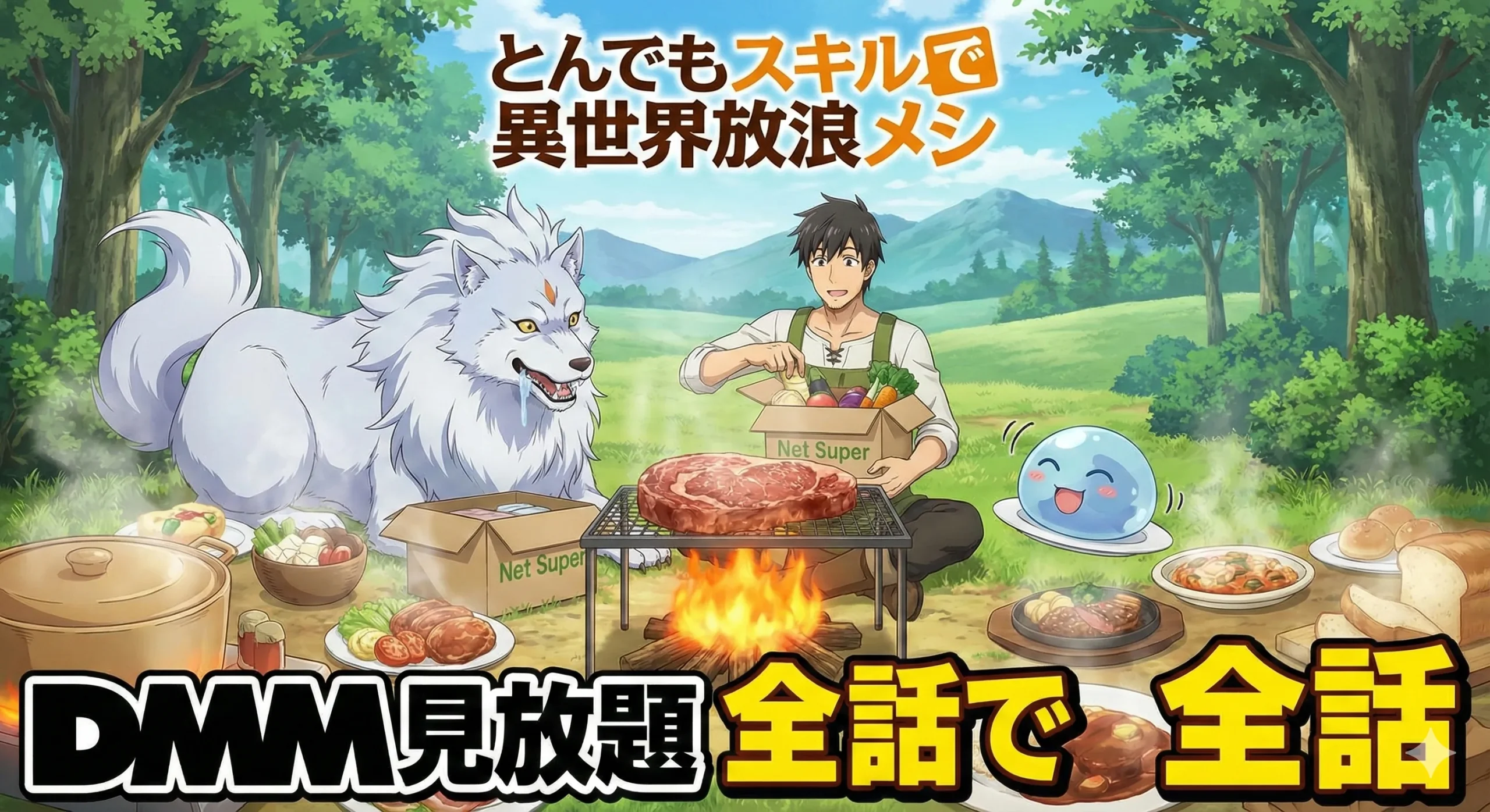 アニメ『とんでもスキルで異世界放浪メシ』のアイキャッチ。ムコーダが野外でステーキを焼き、フェルとスイが食事を待つ賑やかなイラストに、DMMでの「見放題」「全話で全話」という配信情報が大きく記載されている。
